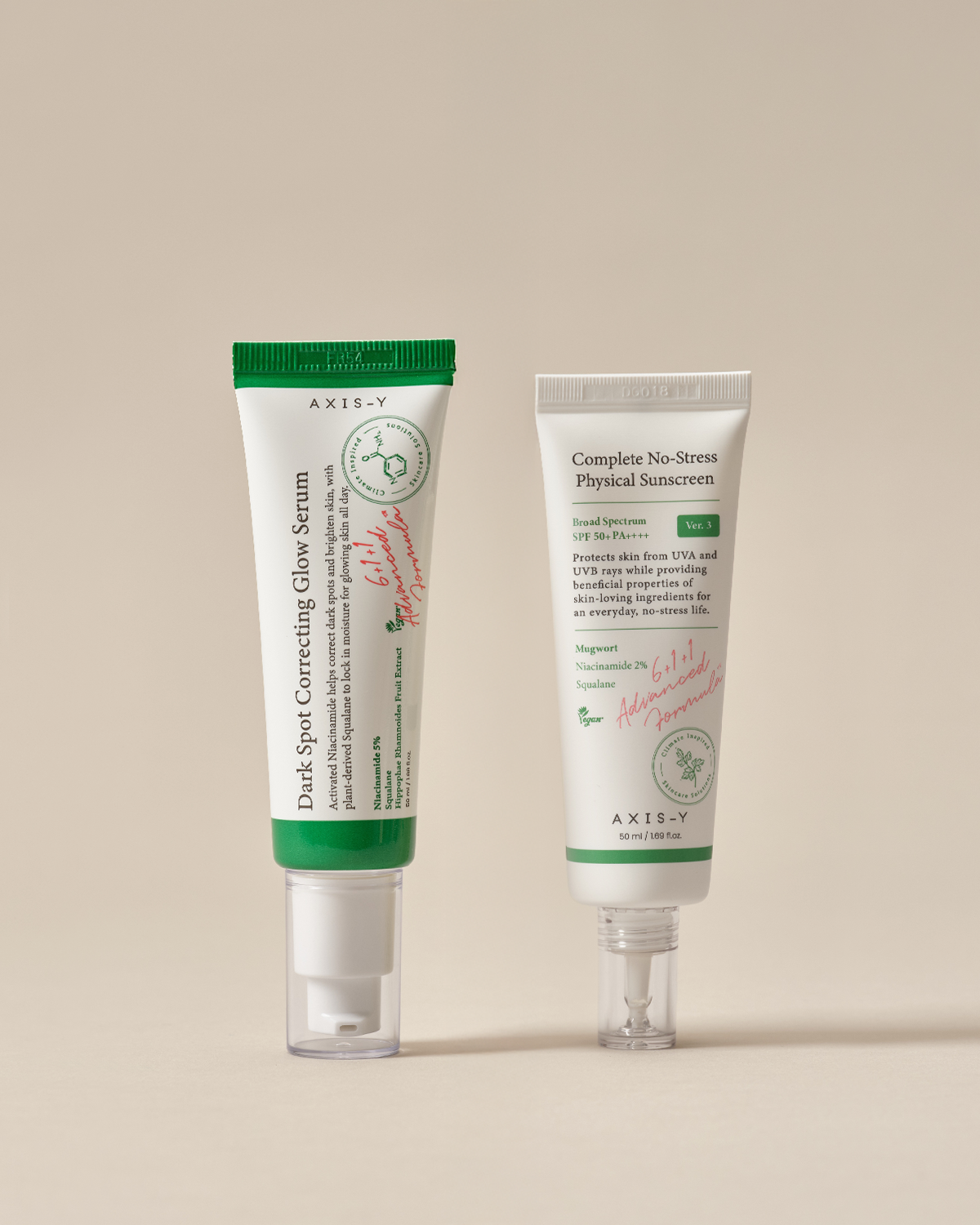 Glow & Protect skincare duo featuring a dark spot correcting serum and a no-stress physical sunscreen in sleek green and white tubes.